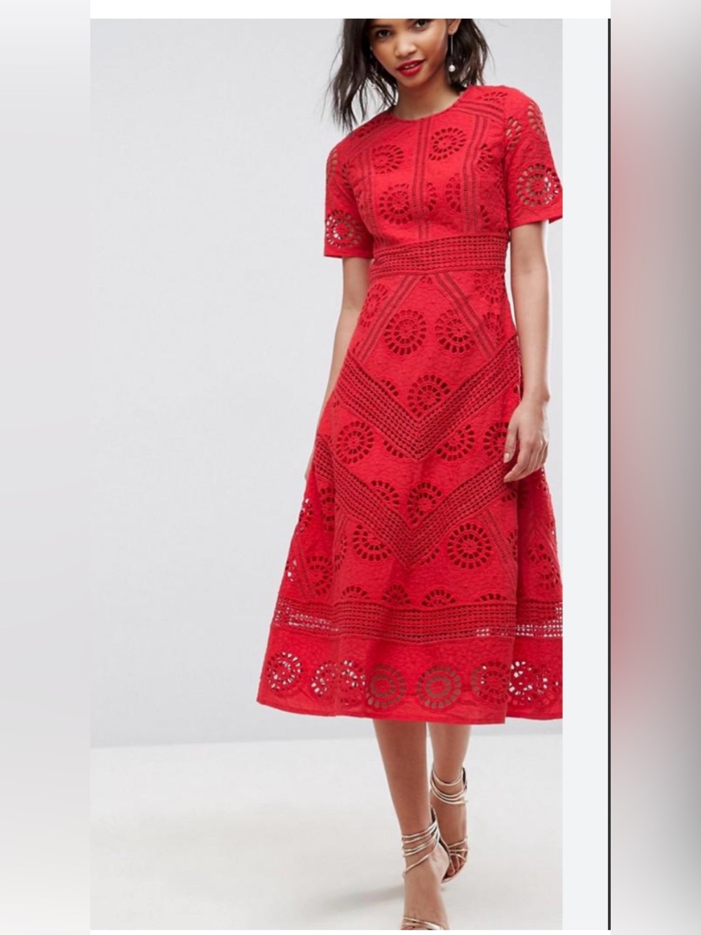 Asos Red Ornate Lace Midi Skater Dress A Line Flare Sz US 6 Party Wedding Formal